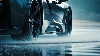 Speed and Precision: A sleek sports car races through a wet asphalt road, its tires churning up water as it speeds towards the horizon.