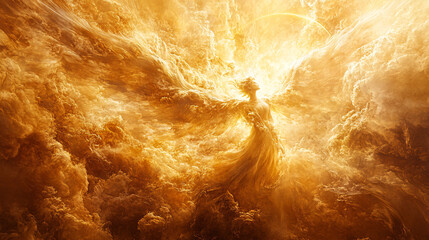 Ethereal angelic figure with flowing robes made of white mist, standing in a glowing halo of light 