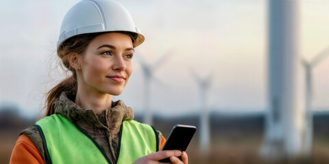 Confident female engineer holding smartphone, wind turbine farm in background, symbolizing renewable energy and sustainability