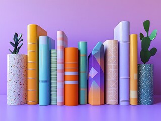 Colorful Collection of Books with Geometric Shapes on Pastel Purple Background