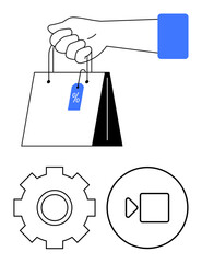 Hand holding shopping bag with discount tag, gear for settings, play button for media. Ideal for online shopping, retail, discounts, marketing, e-commerce, customization abstract line flat metaphor