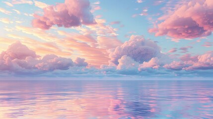 Fototapeta premium Soft lavender and peach clouds floating above a calm sea during twilight, blending beautifully with the water