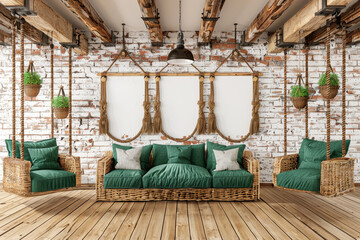 Rustic Living Room With Rattan Furniture, Macrame Wall Decor, And Three Blank Canvas Mockups