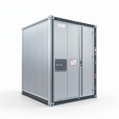 a modern industrial storage container with a sleek metallic finish featuring safety labels and a secure door on a white background