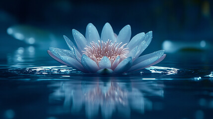 Giant floating flower petals arranged in a circular formation over a calm reflective surface, illuminated by soft pastel lights 