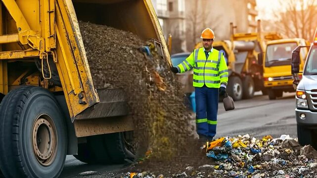 City Sanitation: A dedicated sanitation worker diligently unloads a truck filled with organic waste,  a vital contribution to urban sustainability.  