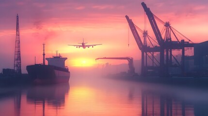 Obraz premium Sunrise over Cargo Ship and Airplane at Harbor