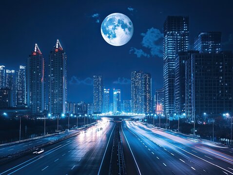 Night city highway, full moon, skyscrapers, traffic, cityscape