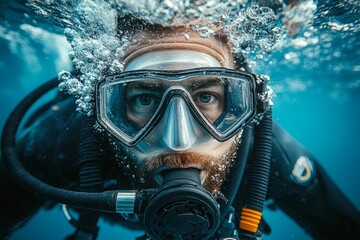 Diver's face close-up. The oxygen supply system is visible. Generative AI