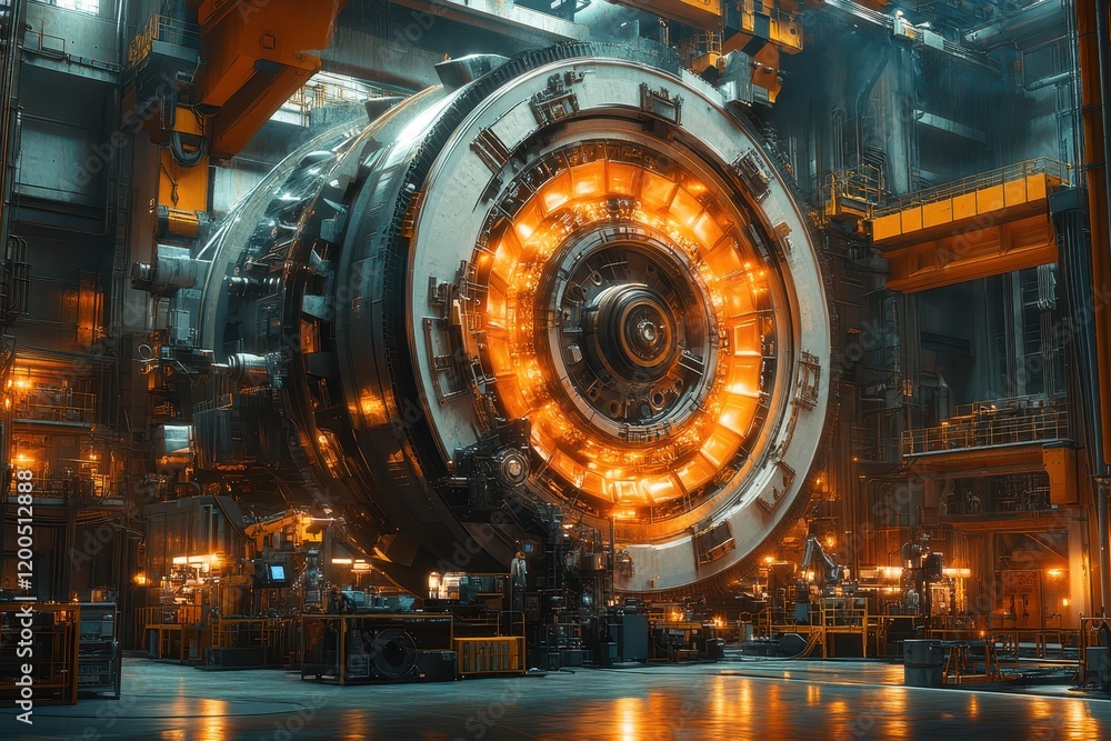 Poster a large industrial machine with glowing components in a factory setting.