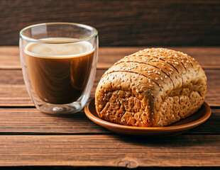A cup of coffee with milk and a loaf of whole wheat bread on a wooden table.