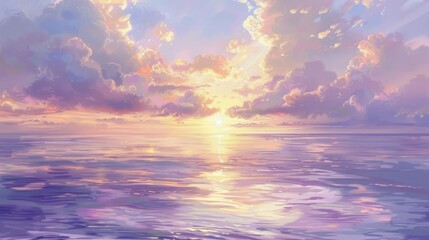 Obraz premium Soft pastel yellow and lavender clouds hovering over a serene ocean during sunset, casting beautiful reflections on the water