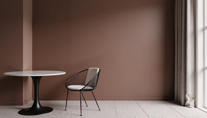 Minimalist dining area with mocha walls and modern furniture