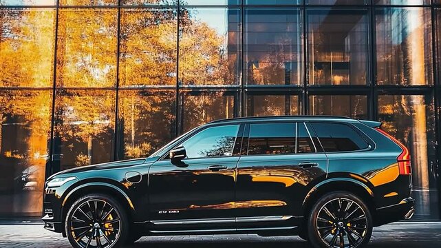 Sleek Black SUV in Urban Setting: A black SUV with a sleek design and modern lines, parked in front of a sleek glass building, reflecting the urban surroundings.