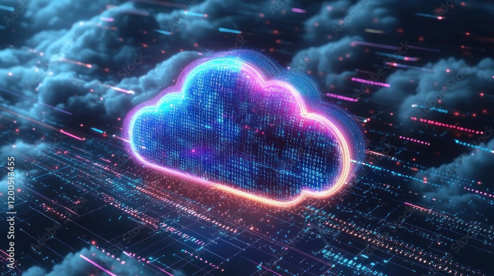 Aufkleber digital cloud icon with binary code in cyberpunk style - cloud computing and storage concept