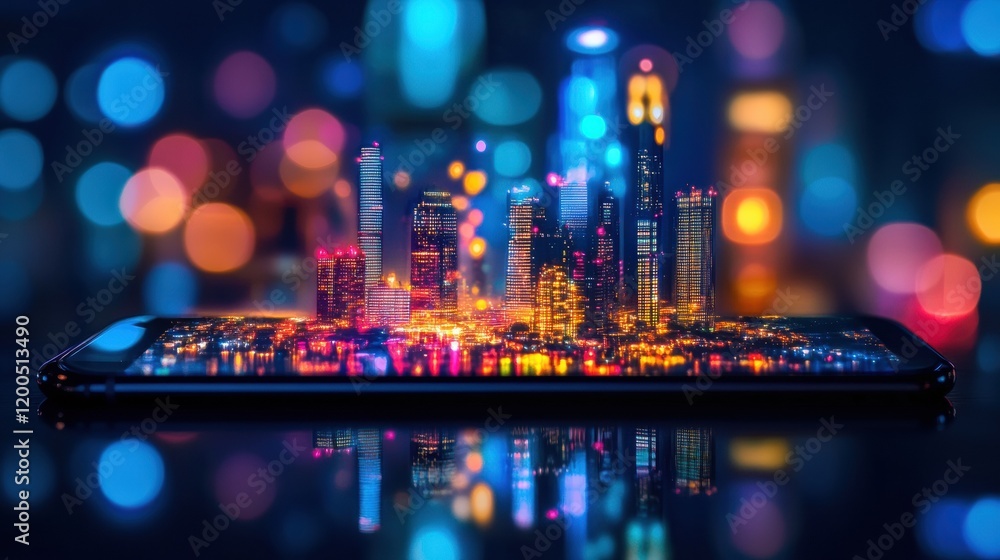 Aufkleber tiny cityscape glows vividly from smartphone screen surrounded by colorful lights at night. generati