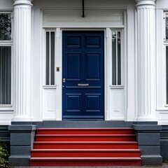 Fototapeta premium a navy blue front door with red steps and symmetrical greenery, framed by a white facade and outdoor wall lights