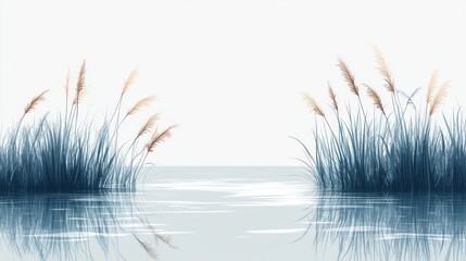 Serene water scene with reeds reflecting in calm water.