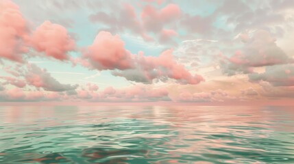 Soft pink and green clouds floating above a calm ocean at dawn, casting beautiful reflections on the water