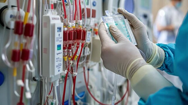 Dialysis Treatment: Close-up view of a healthcare professional's gloved hands carefully handling a dialysis machine.
