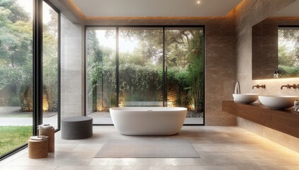Fototapeta premium Modern Luxury Bathroom with Tropical Garden View Featuring Freestanding Bathtub and Natural Light