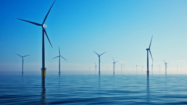 An expansive offshore wind farm with rows of turbines generating renewable energy from ocean winds, Offshore wind farm scene, Sustainable power style