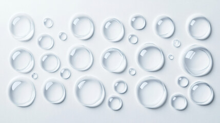 An abstract composition of multiple water droplets arranged in a geometric pattern, varying sizes with perfect clarity, white background