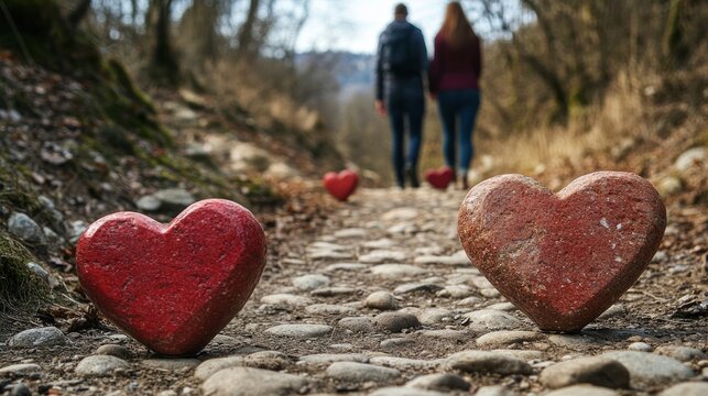 A path of love, two people walk the road lined with stone hearts on the ground