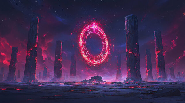 Surreal canyon landscape featuring hovering stone pillars and mystical glowing runes engraved on their surfaces 