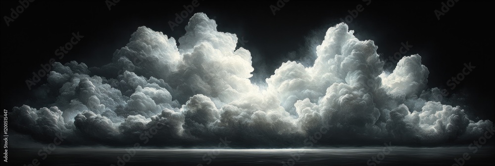 Poster surreal fluffy clouds dynamic composition isolated on deep black background ethereal weather element