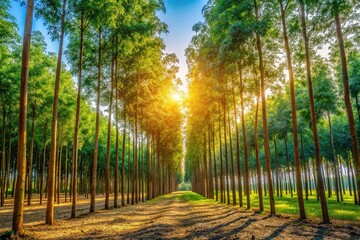 Thailand Eucalyptus Forest, Paper Industry Plantation, Lush Green Trees, Bright Sunlight, High-Resolution Image