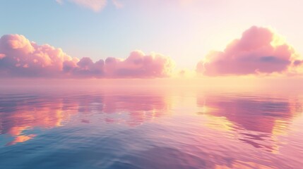 Obraz premium Soft pink and yellow clouds hovering over a tranquil sea at sunset, blending harmoniously with the water