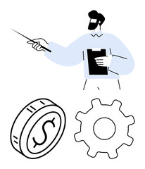 Person with clipboard gesturing with a pointer near coin and gear icons. Ideal for finance, management, team planning, leadership, consulting, workflow systems, abstract line flat metaphor