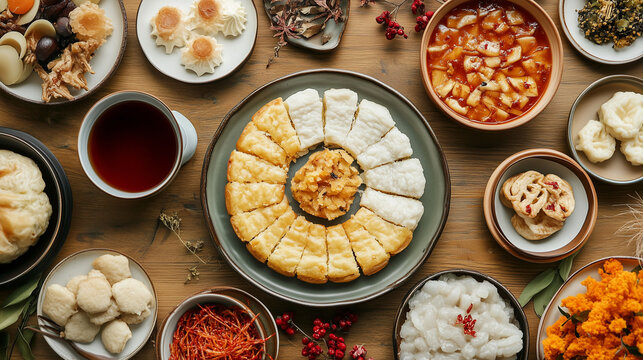 Korean Food Rice Cake Baram Tteok Garaetteok for Chuseok Festival Served with Tea
