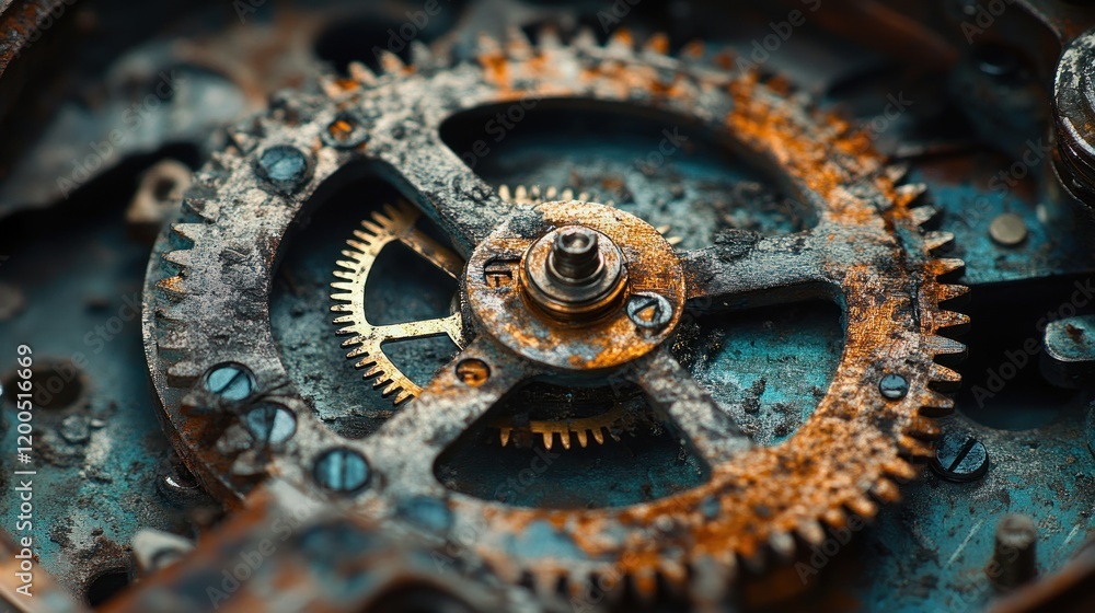 Poster rusty gears of time: a macro photography exploration of aged clockwork