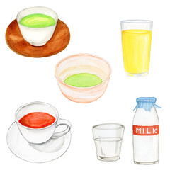 手描き水彩の飲み物イラストのセット
