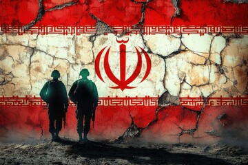 Shadowy Soldiers in Front of Cracked Iranian Flag on Concrete Wall