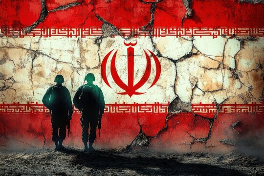 Shadowy Soldiers in Front of Cracked Iranian Flag on Concrete Wall