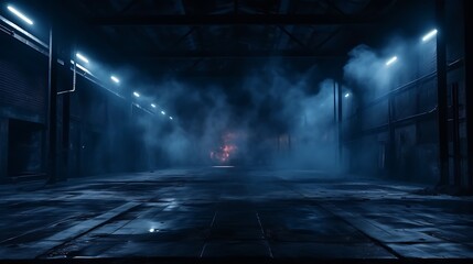 A dark empty street, dark blue background, an empty dark scene, neon light, spotlights The asphalt floor and studio room with smoke float up the interior texture,night view