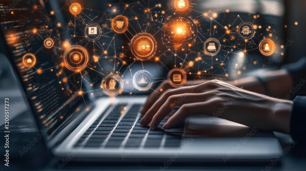 Poster a person typing on a laptop with glowing orange digital icons floating above the keyboard representi