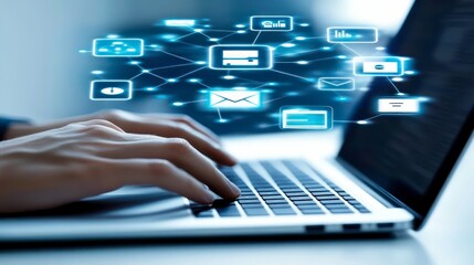 a person typing on a laptop with glowing orange digital icons floating above the keyboard representing technology and data concepts