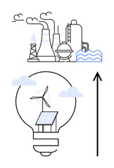 Factory and power plant contrast with renewable energy sources solar panel, wind turbine. Ideal for innovation, technology, sustainability, green energy, industrial evolution, climate action, future