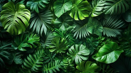 a lush green tropical leaves frame on a dark textured background creating a vibrant nature-inspired design with rich contrasting tones