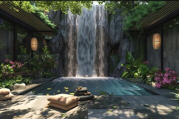 Fototapeta premium Tranquil Waterfall Pool Oasis; Zen Garden Retreat