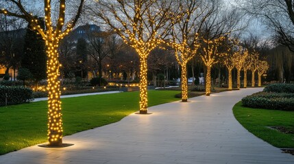 Obraz premium Illuminated park pathway at dusk. Festive lights adorn trees. Peaceful evening scene. Ideal for travel, holiday, or nature websites