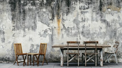Rustic wooden table and chairs against weathered wall. (1)