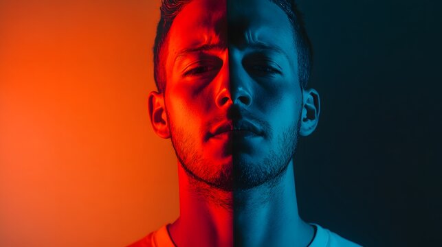 A young mans face split by contrasting red and blue light