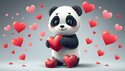 Adorable Cartoon Panda Holding Hearts in a Playful Scene Filled with Love and Affection