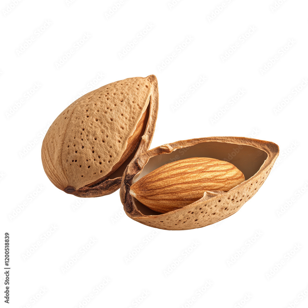 Poster almonds in their shells displayed against a plain background emphasizing their natural texture, almo