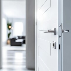 minimalistic white interior door with sleek black handle, emphasizing modern design and clean aesthetics, creating a serene home atmosphere